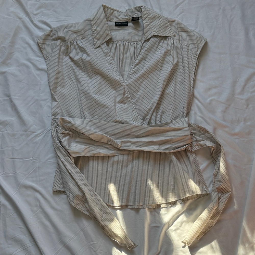 New York & Co Beige Striped Wrap Blouse Size 18